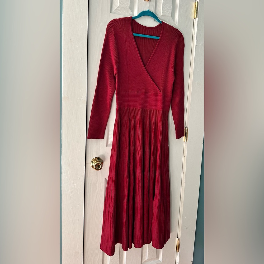 Red Ribbed Knit Wrap Flattering Midi Dress Fit & Flare XL - Picture 2 of 7